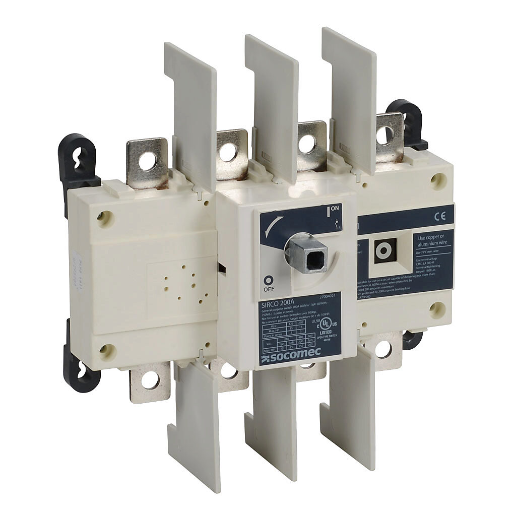 27004021 - Socomec SIRCO series rotary disconnect switch, load break capable, 4-pole, 600 VAC, 200A, 200kA SCCR, panel mount, UL 98 rated, front operated, accepts 10 x 10mm size shaft.