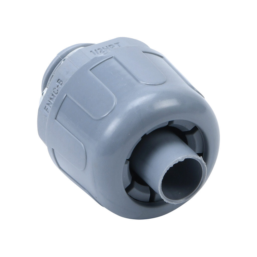 27620 - Halex fitting, liquid-tight, nylon, straight, 3/8in trade size, compression conduit connection, insulated, gray. Package of 1. For use with NM-Type B electrical conduit. Sealing washer and locknut included.
