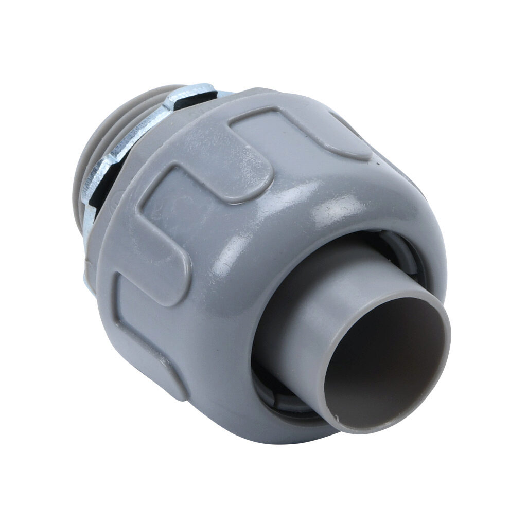 27622 - Halex fitting, liquid-tight, nylon, straight, 3/4in trade size, compression conduit connection, insulated, gray. Package of 1. For use with NM-Type B electrical conduit. Sealing washer and locknut included.