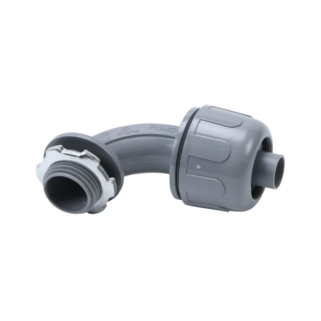 27690 - Halex fitting, liquid-tight, nylon, 90-degree, 3/8in trade size, compression conduit connection, insulated, gray. Package of 1. For use with NM-Type B electrical conduit. Sealing washer and locknut included.