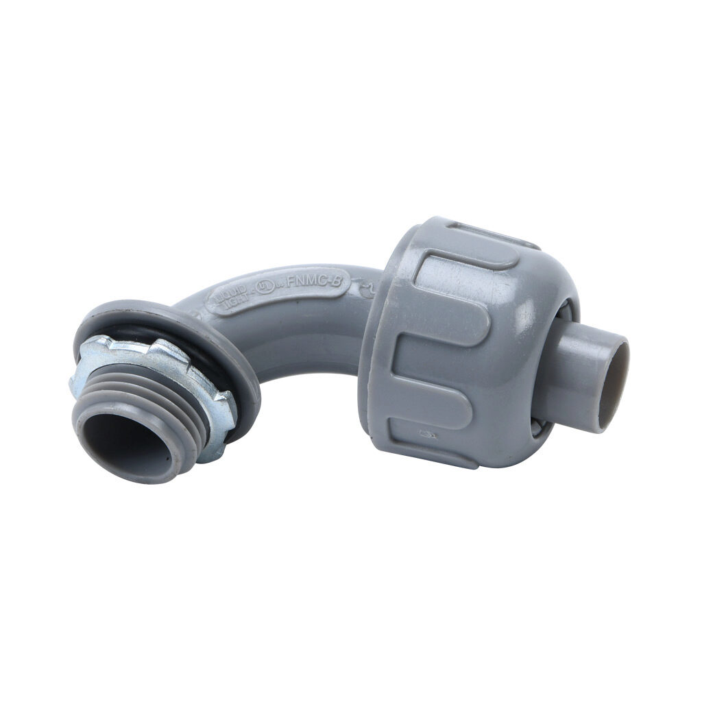27691 - Halex fitting, liquid-tight, nylon, 90-degree, 1/2in trade size, compression conduit connection, insulated, gray. Package of 1. For use with NM-Type B electrical conduit. Sealing washer and locknut included.