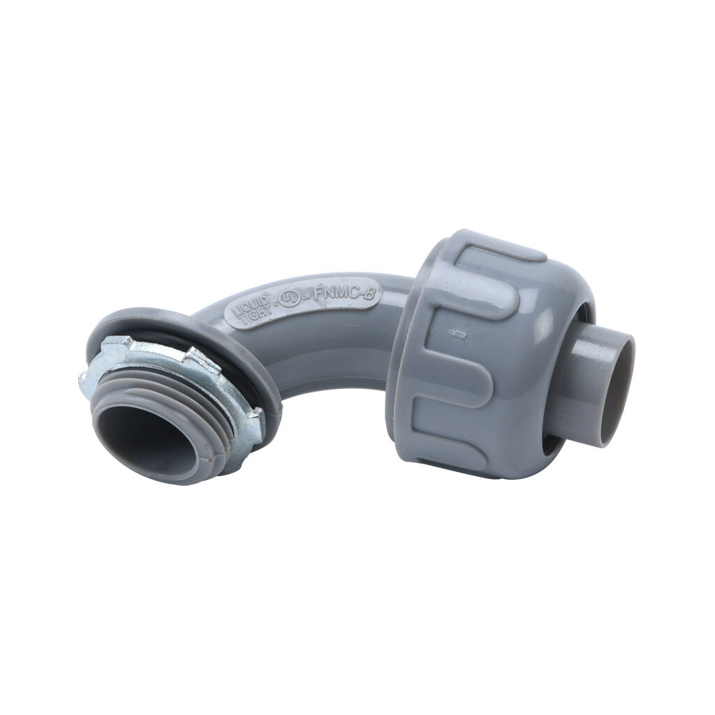 27692 - Halex fitting, liquid-tight, nylon, 90-degree, 3/4in trade size, compression conduit connection, insulated, gray. Package of 1. For use with NM-Type B electrical conduit. Sealing washer and locknut included.