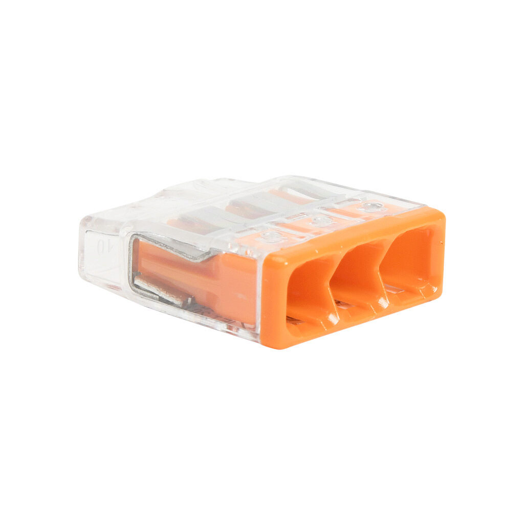 2773-403 - WAGO 2773 series splicing connector, push-in, side-entry, 3 openings, copper conductor, 20-12 AWG solid, 18-12 AWG stranded, 20A, 600V, polycarbonate housing, transparent/orange. Package of 100.