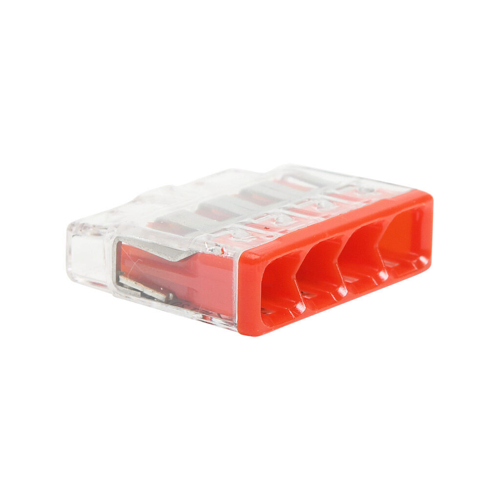 2773-404 - WAGO 2773 series splicing connector, push-in, side-entry, 4 openings, copper conductor, 20-12 AWG solid, 18-12 AWG stranded, 20A, 600V, polycarbonate housing, transparent/red. Package of 80.