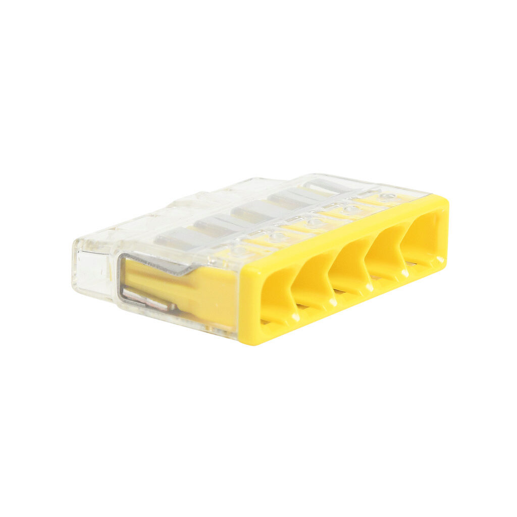 2773-405 - WAGO 2773 series splicing connector, push-in, side-entry, 5 openings, copper conductor, 20-12 AWG solid, 18-12 AWG stranded, 20A, 600V, polycarbonate housing, transparent/yellow. Package of 60.