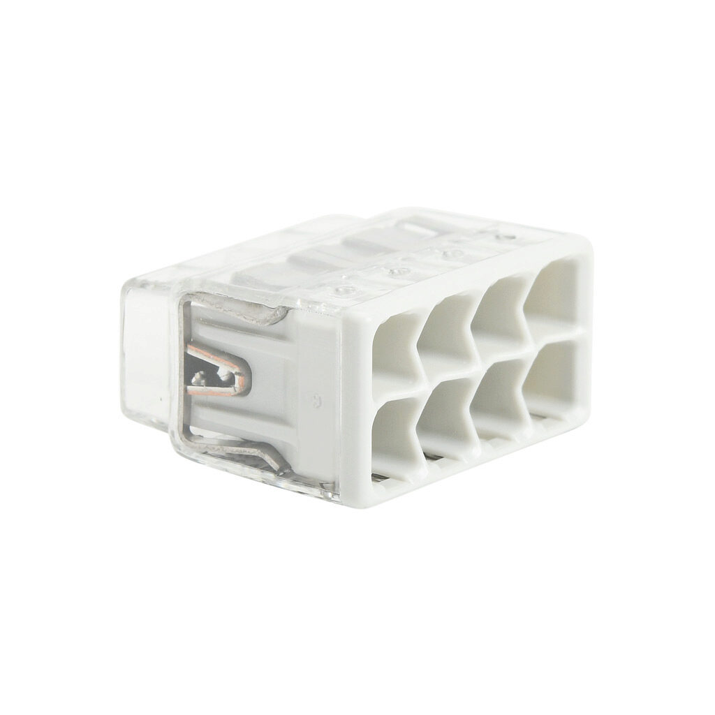 2773-408 - WAGO 2773 series splicing connector, push-in, side-entry, 8 openings, copper conductor, 20-12 AWG solid, 18-12 AWG stranded, 20A, 600V, polycarbonate housing, transparent/light gray. Package of 40.