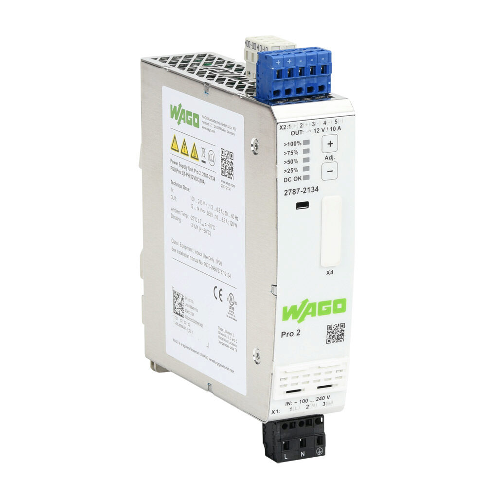 2787-2134 - WAGO Pro2 series switching power supply, 12 VDC @ 10A/120W, 120 VAC and 240 VAC nominal input, 1-phase, enclosed, metal housing, 35mm DIN rail mount, cage clamp.