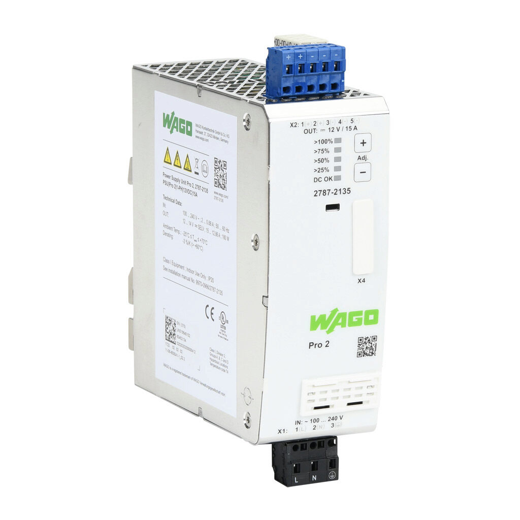 2787-2135 - WAGO Pro2 series switching power supply, 12 VDC @ 15A/180W, 120 VAC and 240 VAC nominal input, 1-phase, enclosed, metal housing, 35mm DIN rail mount, cage clamp.