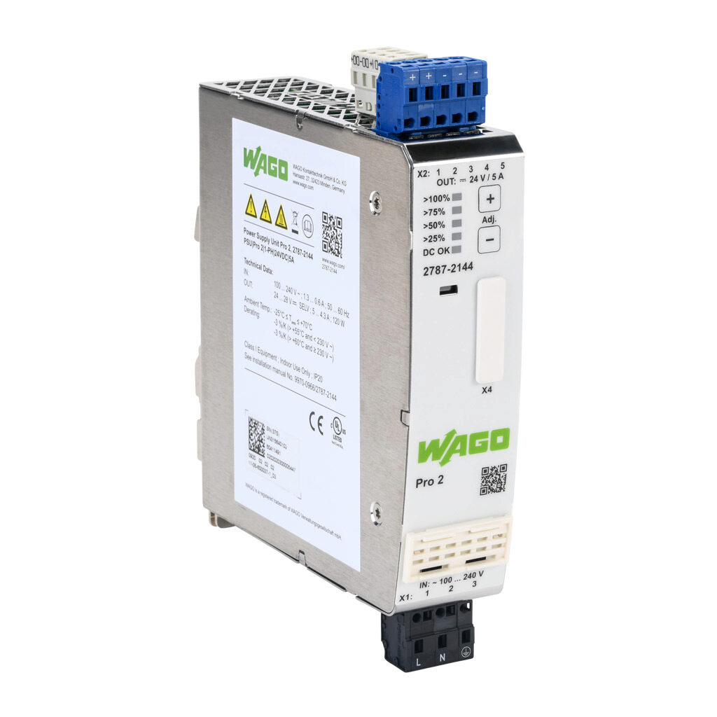2787-2144 - WAGO Pro2 series switching power supply, 24 VDC @ 5A/120W, 120 VAC and 240 VAC nominal input, 1-phase, enclosed, metal housing, 35mm DIN rail mount, cage clamp.