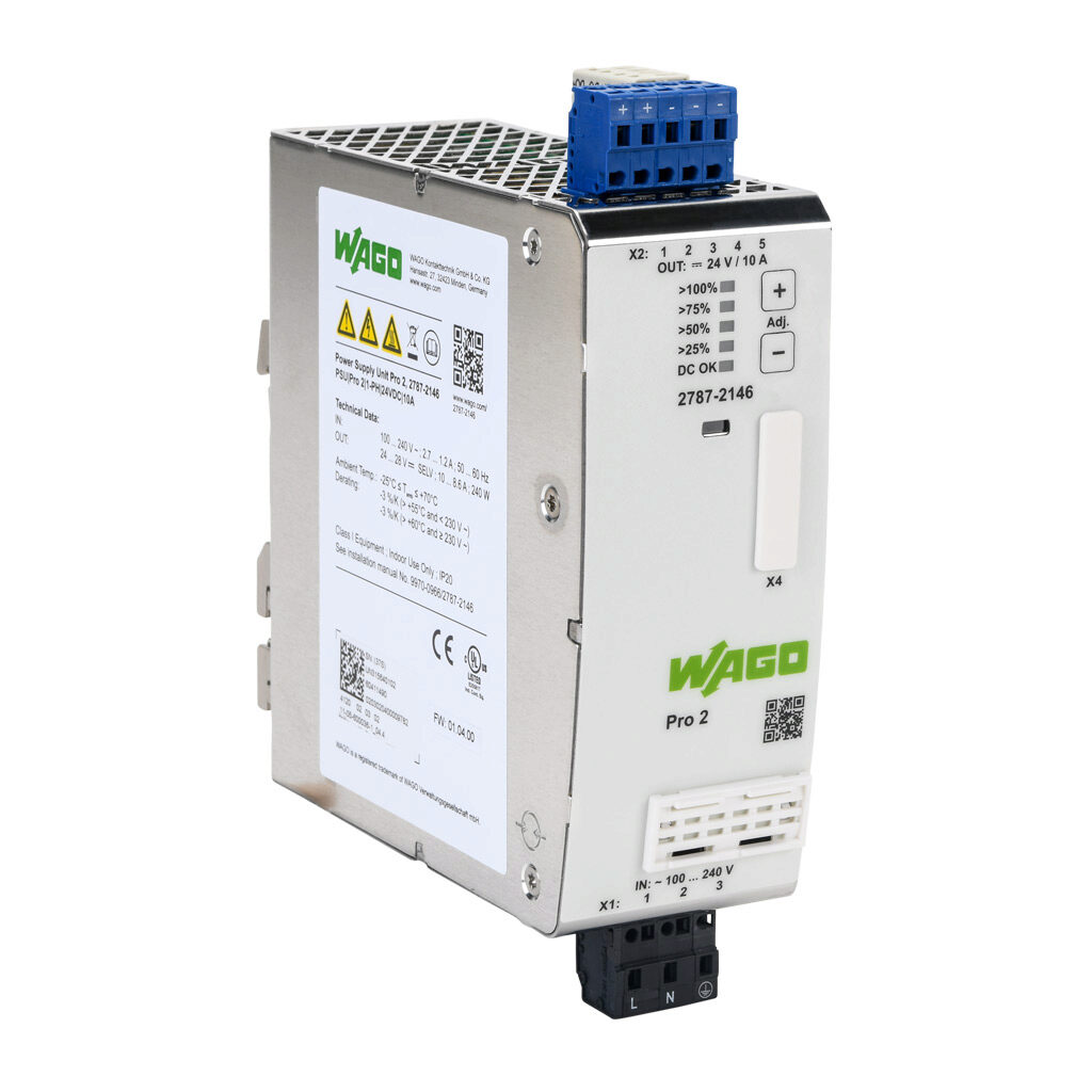 2787-2146 - WAGO Pro2 series switching power supply, 24 VDC @ 10A/240W, 120 VAC and 240 VAC nominal input, 1-phase, enclosed, metal housing, 35mm DIN rail mount, cage clamp.