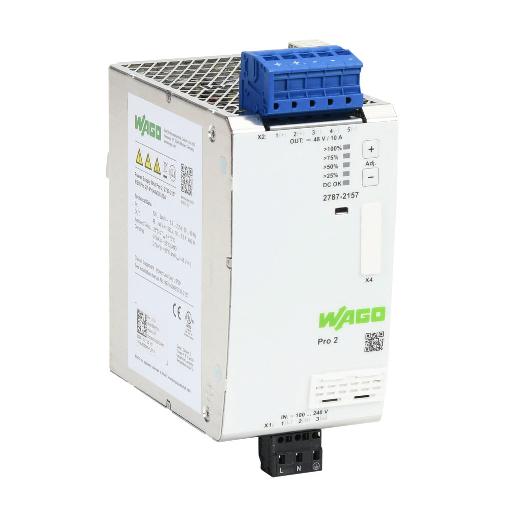 2787-2157 - WAGO Pro2 series switching power supply, 48 VDC @ 10A/480W, 120 VAC and 240 VAC nominal input, 1-phase, enclosed, metal housing, 35mm DIN rail mount, cage clamp.