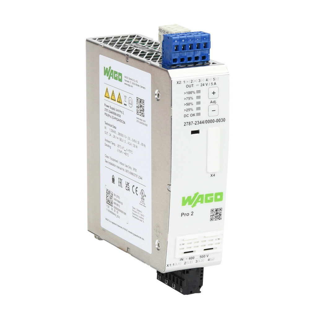 2787-2344 - WAGO Pro2 series switching power supply, 24 VDC @ 5A/120W, 480 VAC nominal input, 3-phase, enclosed, metal housing, 35mm DIN rail mount, cage clamp.