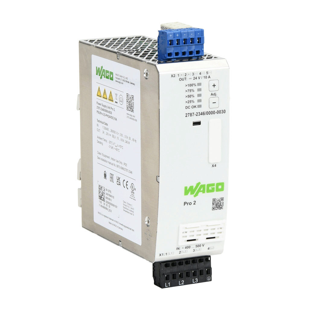 2787-2346 - WAGO Pro2 series switching power supply, 24 VDC @ 10A/240W, 480 VAC nominal input, 3-phase, enclosed, metal housing, 35mm DIN rail mount, cage clamp.