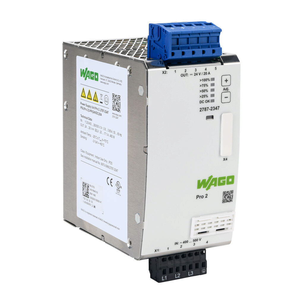 2787-2347 - WAGO Pro2 series switching power supply, 24 VDC @ 20A/480W, 480 VAC nominal input, 3-phase, enclosed, metal housing, 35mm DIN rail mount, cage clamp.