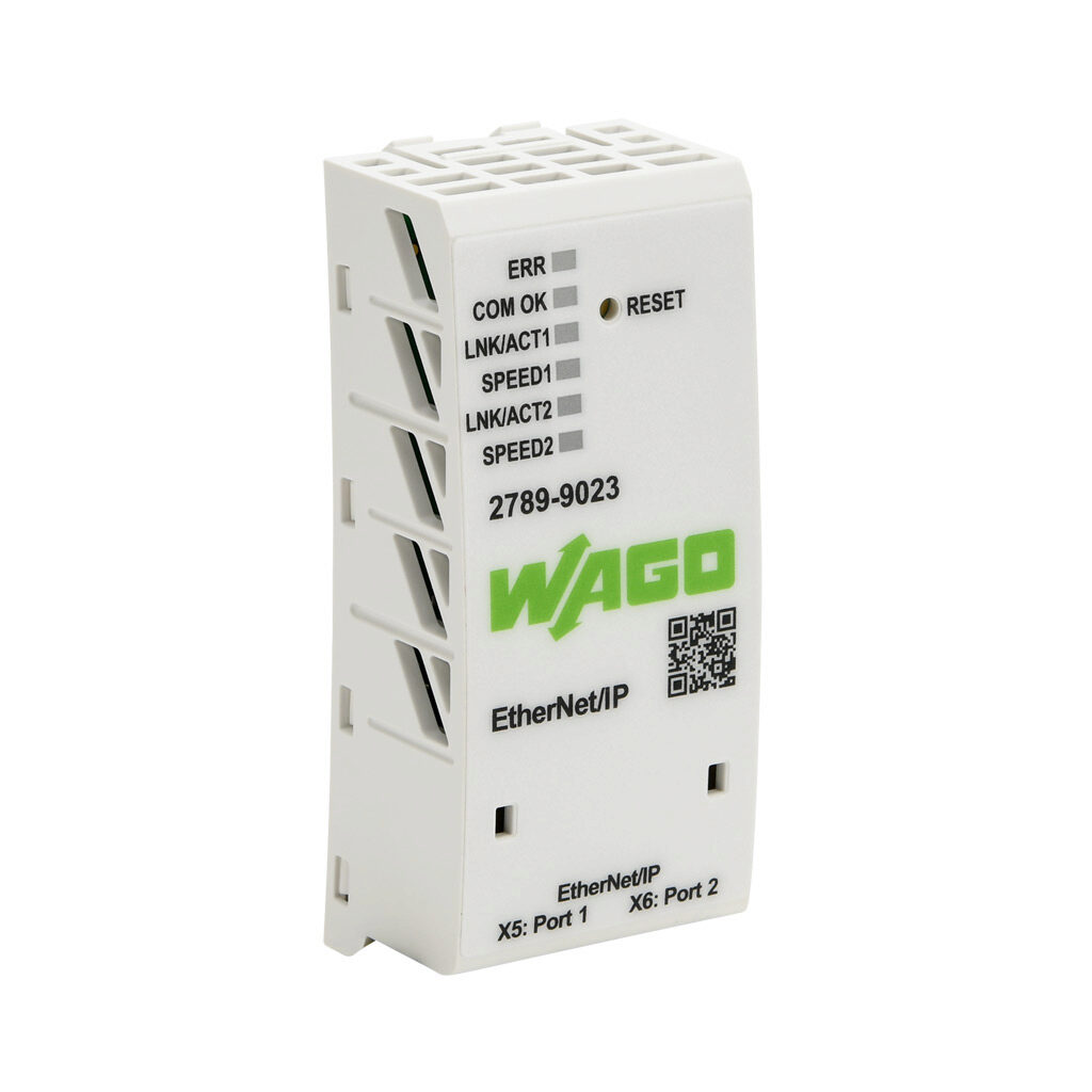 2789-9023 - WAGO Pro2 series communication module, 2 ports, (2) Ethernet 10/100Base-T (RJ45) port(s), EtherNet/IP, 10/100 Mbps auto-detect. For use with WAGO Pro2 power supplies.