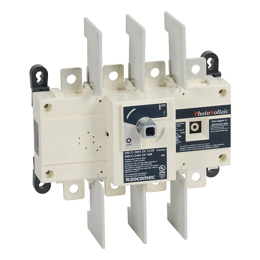 27DC4021 - Socomec SIRCO DC series rotary disconnect switch, load break capable, 4-pole, 1000 VDC, 250A, 10kA SCCR, panel mount, UL 98B rated, front operated, accepts 10 x 10mm size shaft.
