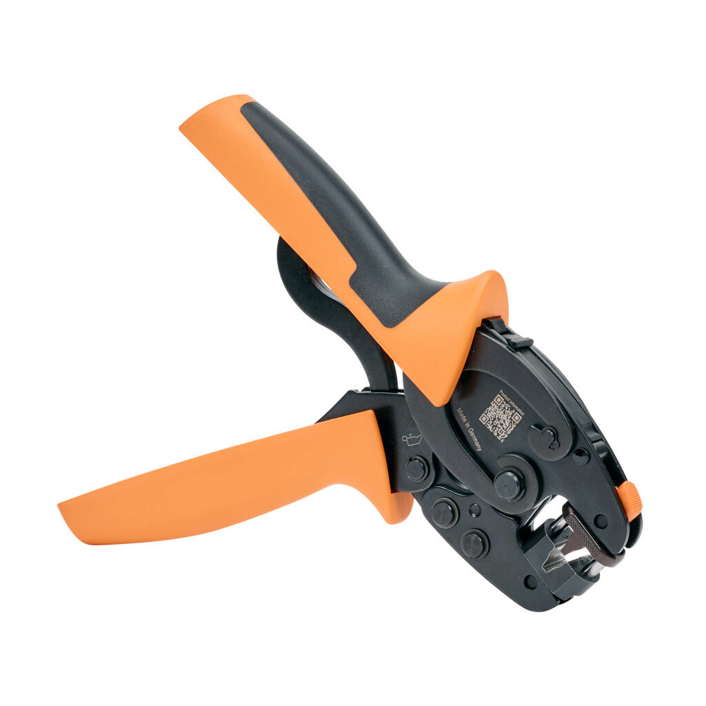 2831380000 - Weidmuller wire crimping tool, self-adjusting, rotatable die, trapezoidal profile, 26-10 AWG capacity, compatible with insulated and non-insulated wire ferrules, locking die position and adjustable ergonomic handle.