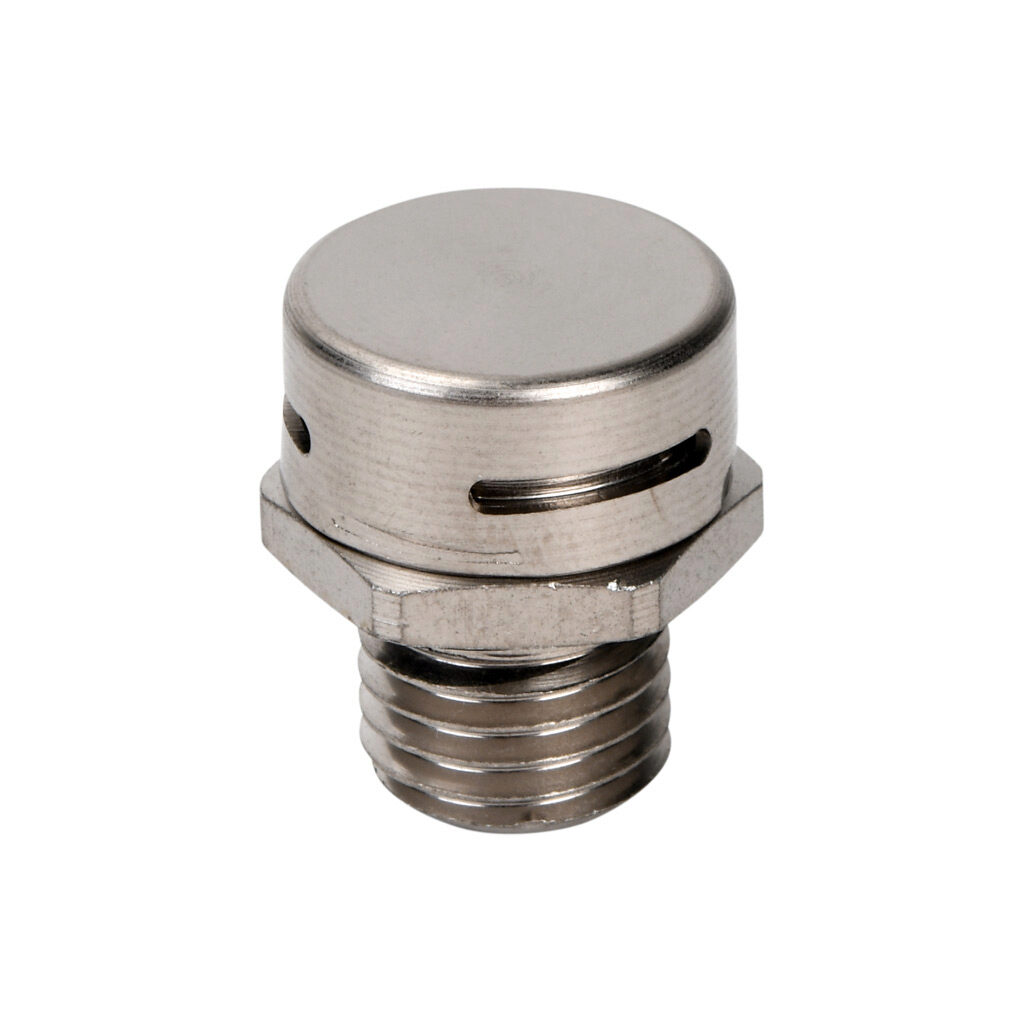 284040-00 - Stego pressure relief vent plug, M12 x 1.5mm thread type, nickel plated aluminum, 3,667 mL/min @ 70 mBar (1 psi), IP66 IP67.
