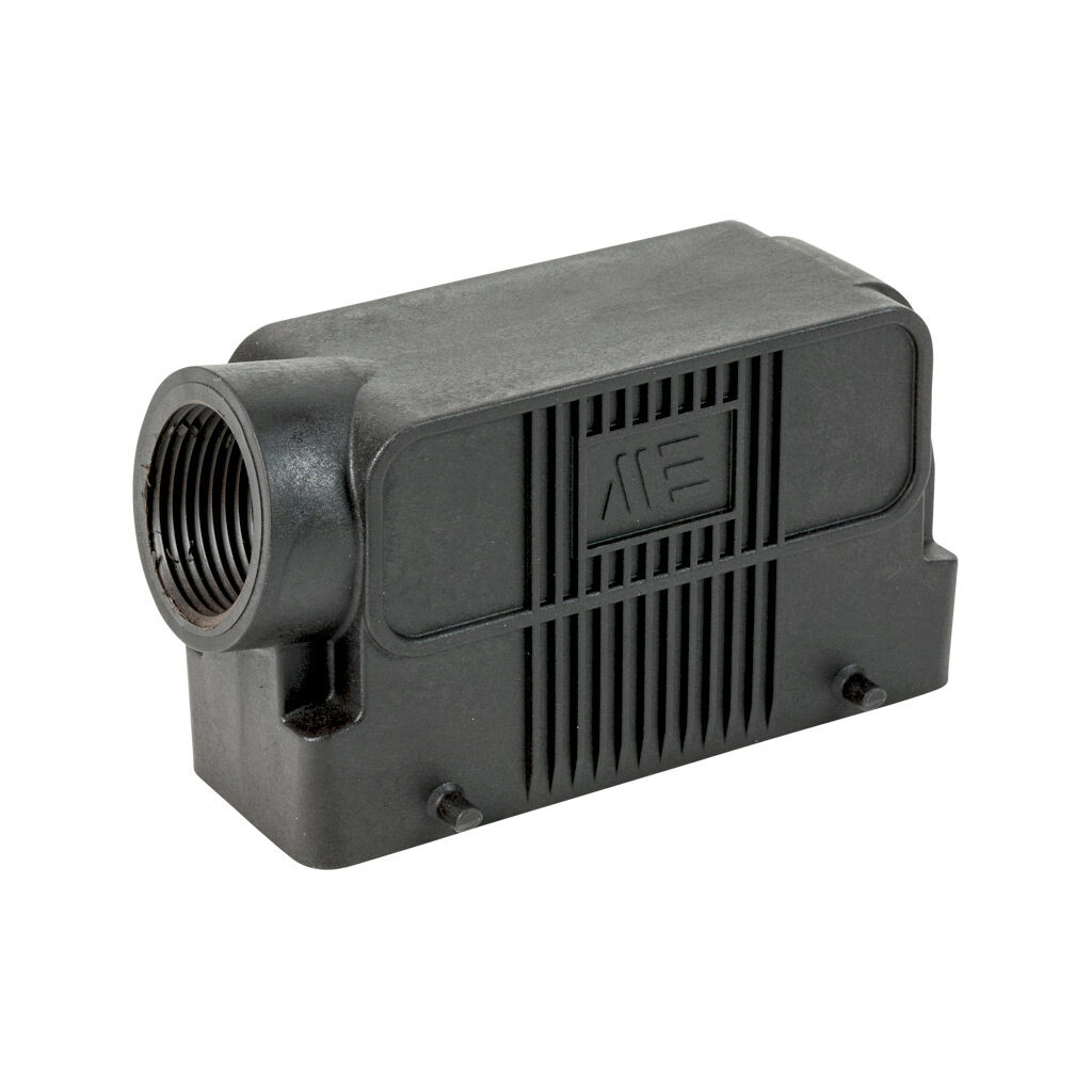 29000452804 - METE hood housing, 4-peg, side entry, connector housing size 24B, (1) 1 NPT threaded hole, black, polycarbonate. For use with METE size 24B double lever connector housings.