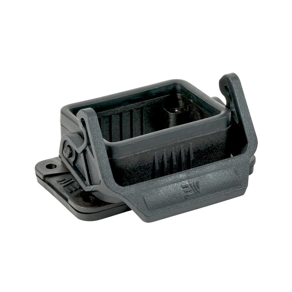 2900130 - METE bulkhead housing, single lever, connector housing size 6B, black, polycarbonate. For use with METE size 6B 2-peg connector housings.