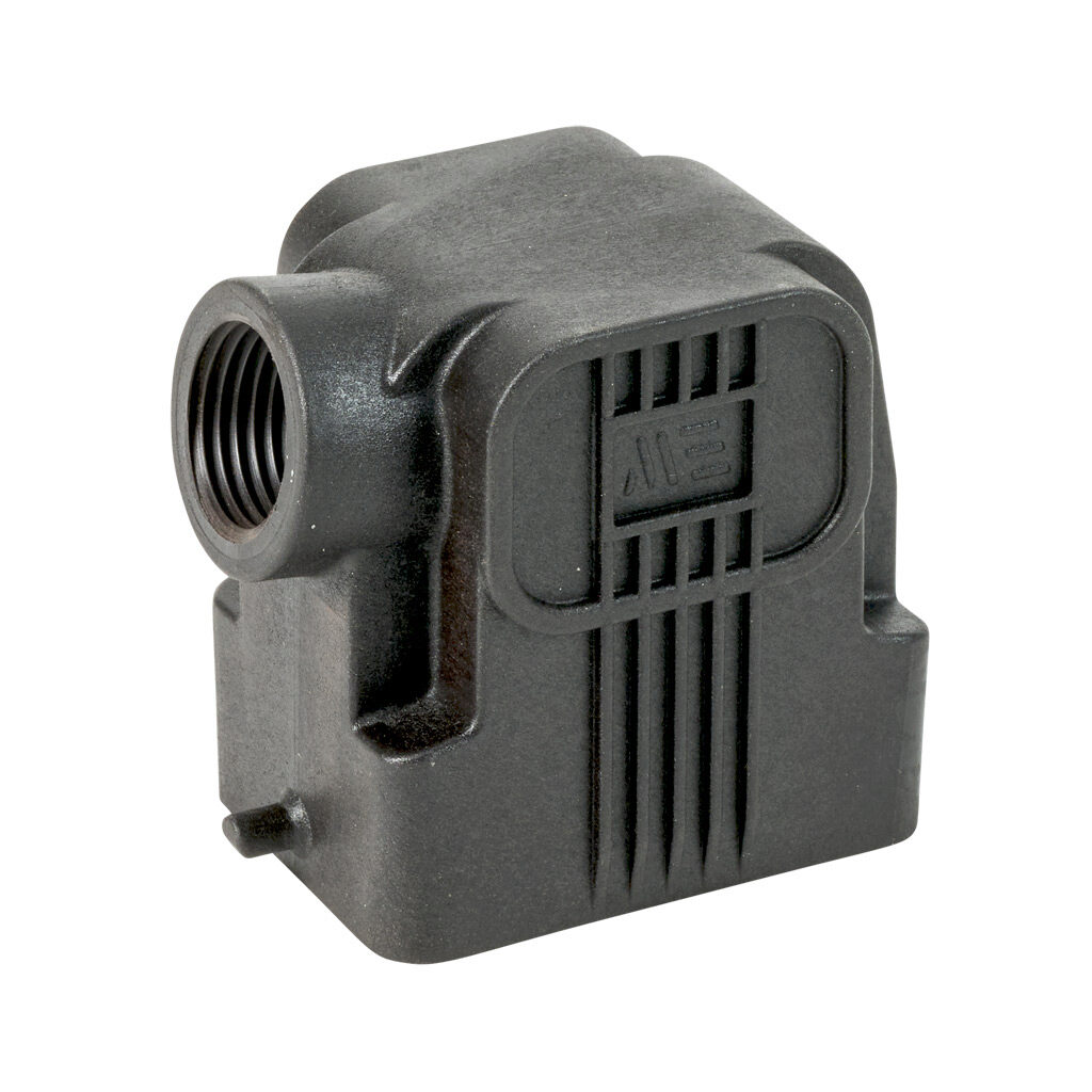 29001313004 - METE hood housing, 2-peg, side entry, connector housing size 6B, (1) 1/2 NPT threaded hole, black, polycarbonate. For use with METE size 6B single lever connector housings.