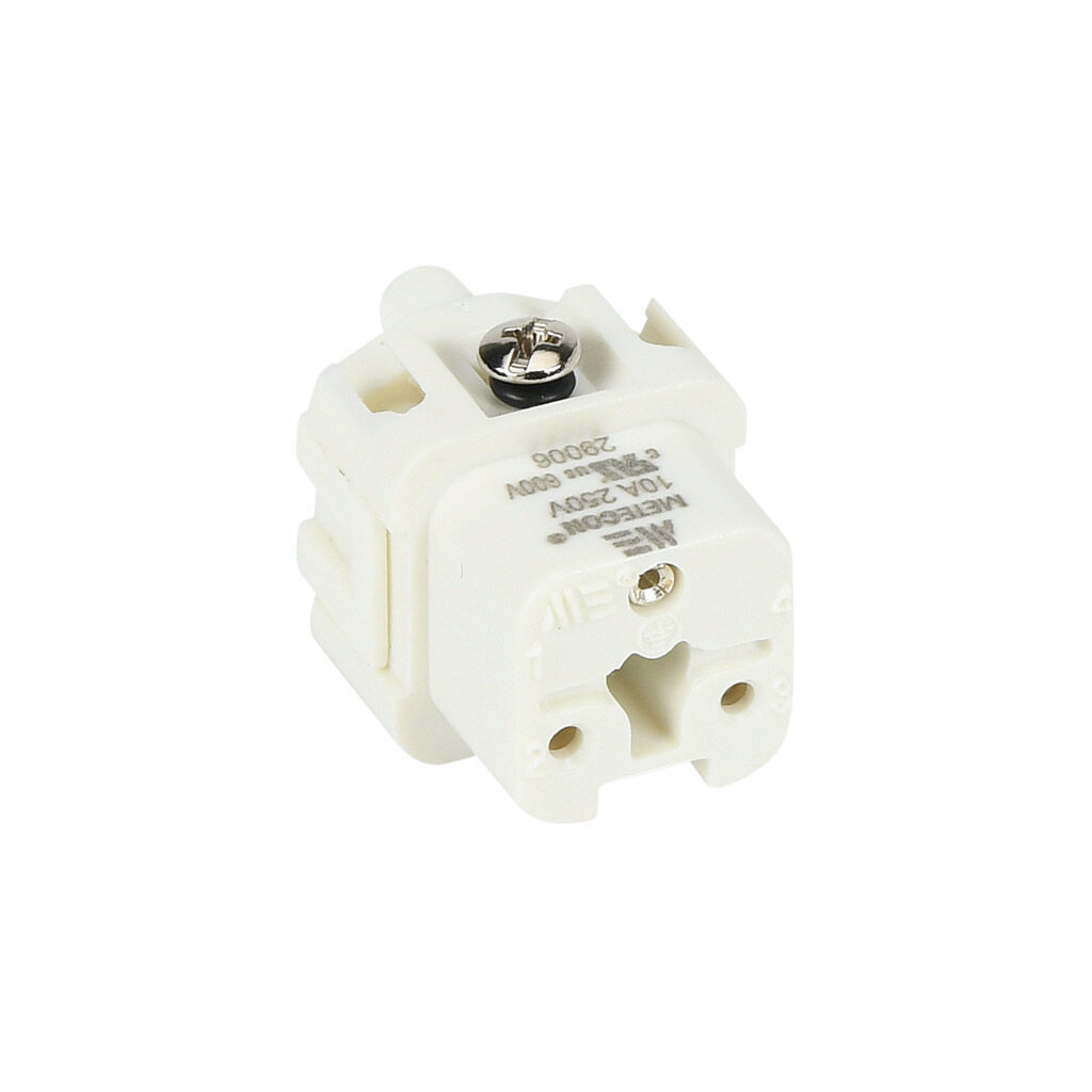 29006 - METE female insert, connector housing size 3A, 2-pole, screw terminals, accepts wire size 8-14 AWG, 10 amp, 600 VAC/VDC, poles numbered 2 to 3. For use with METE multi-wire housings.