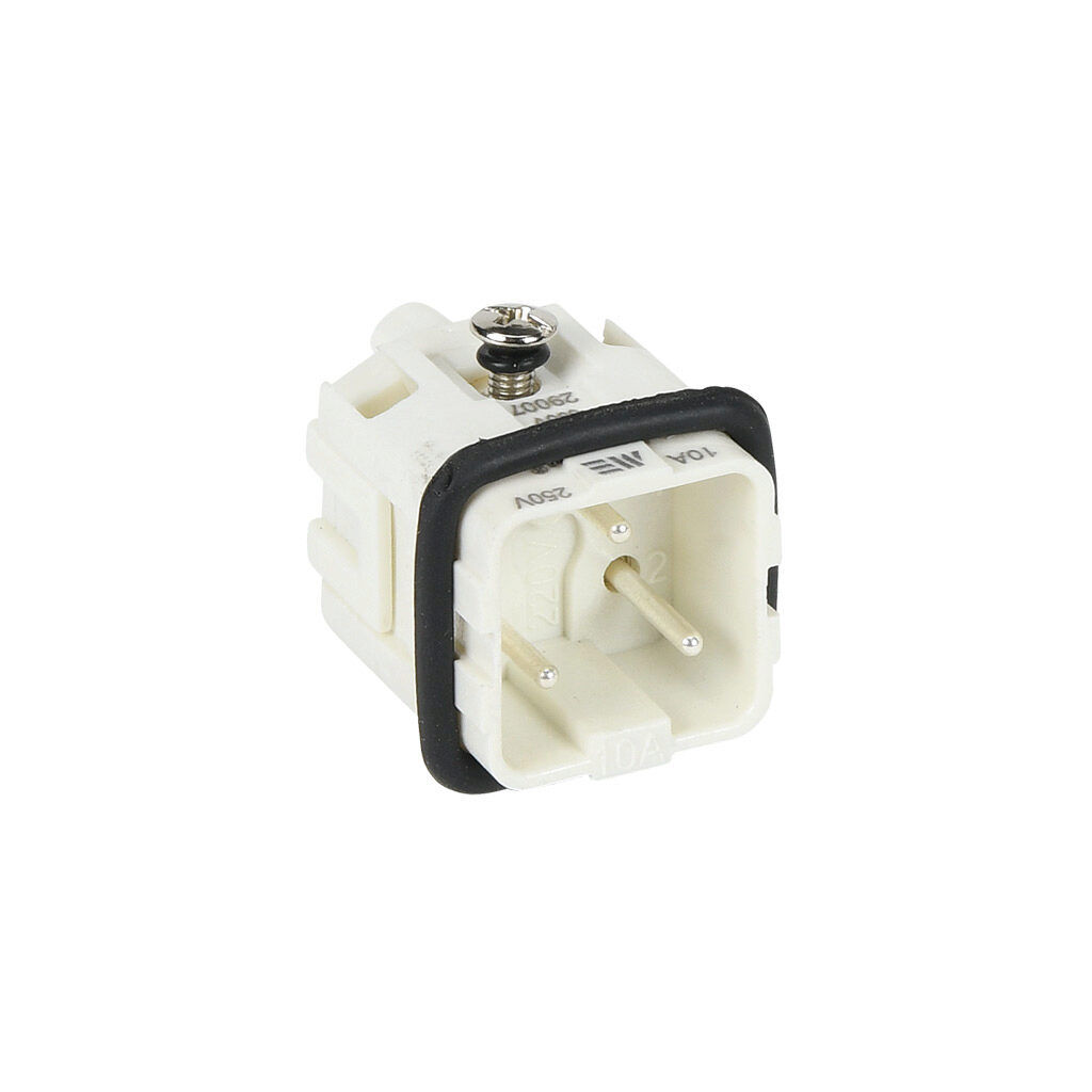 29007 - METE male insert, connector housing size 3A, 2-pole, screw terminals, accepts wire size 8-14 AWG, 10 amp, 600 VAC/VDC, poles numbered 2 to 3. For use with METE multi-wire housings.