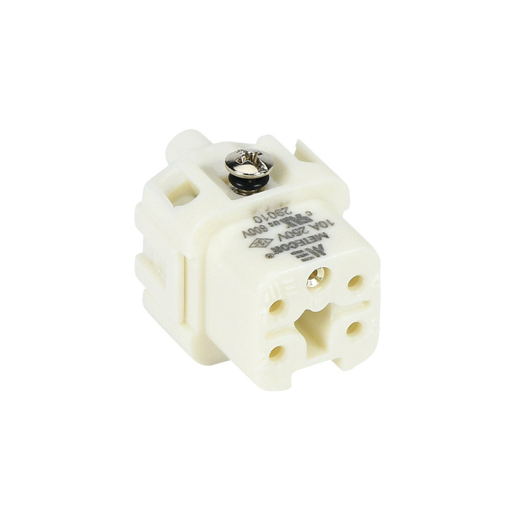 29010 - METE female insert, connector housing size 3A, 4-pole, screw terminals, accepts wire size 18-14 AWG, 10 amp, 600 VAC/VDC, poles numbered 1 to 4. For use with METE multi-wire housings.
