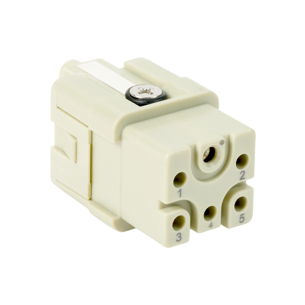 2901003005 - METE female insert, connector housing size 3A, 5-pole, crimped contact, 16 amp, 600 VAC/VDC, poles numbered 1 to 5. For use with METE multi-wire housings. Requires 16 amp female contacts METE 14105xxx.