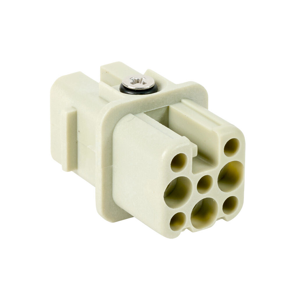 290103007 - METE female insert, connector housing size 3A, 7-pole, crimped contact, 10 amp, 600 VAC/VDC, poles numbered 1 to 7. For use with METE multi-wire housings. Requires 10 amp female contacts METE 14103xxx.