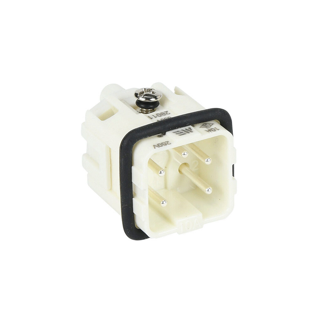 29011 - METE male insert, connector housing size 3A, 4-pole, screw terminals, accepts wire size 18-14 AWG, 10 amp, 600 VAC/VDC, poles numbered 1 to 4. For use with METE multi-wire housings.