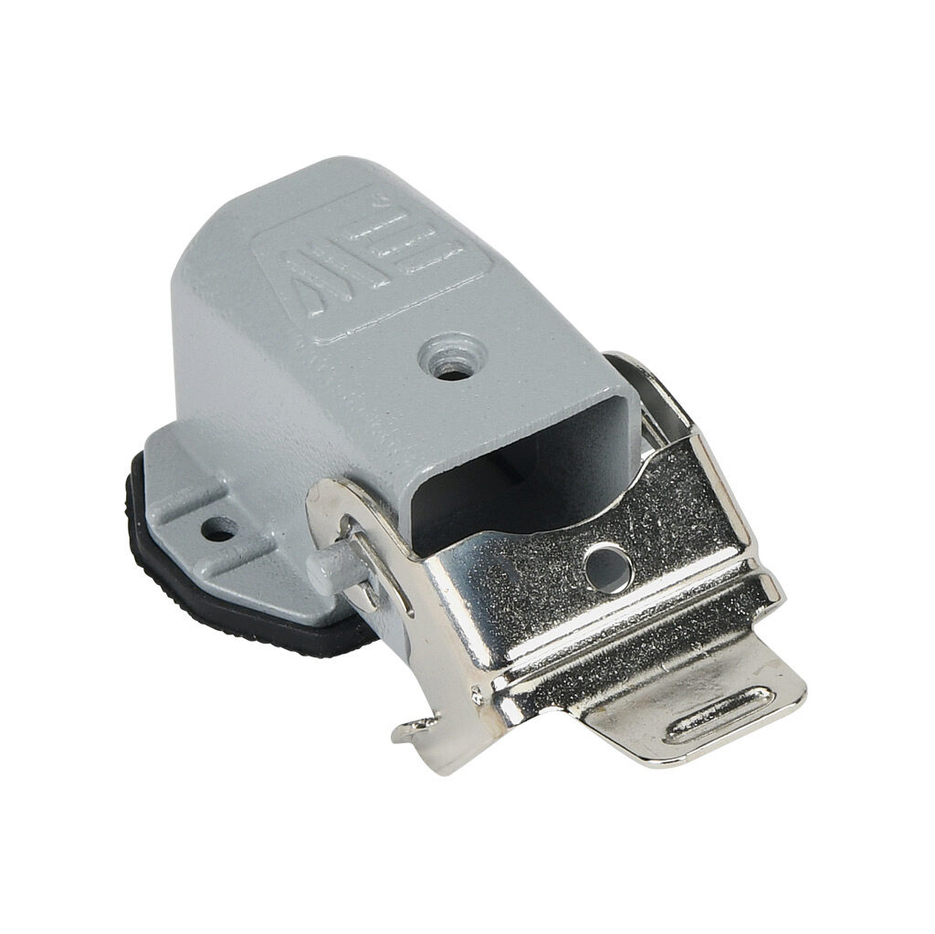 29014S - METE right angled bulkhead housing, single lever, connector housing size 3A, gray, heavy-duty die cast aluminum. For use with METE size 3A 2-peg connector housings with male inserts.