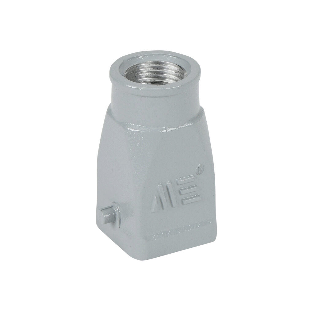 290173105 - METE hood housing, 2-peg, top entry, connector housing size 3A, (1) 3/8 NPT threaded hole, gray, heavy-duty die cast aluminum. For use with METE size 3A single lever connector housings with female inserts.