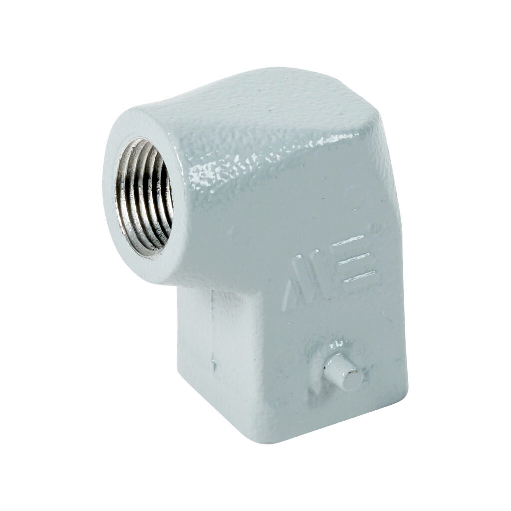 290193105 - METE right angled hood housing, 2-peg, side entry, connector housing size 3A, (1) 3/8 NPT threaded hole, gray, heavy-duty die cast aluminum. For use with METE size 3A single lever connector housings with female inserts.