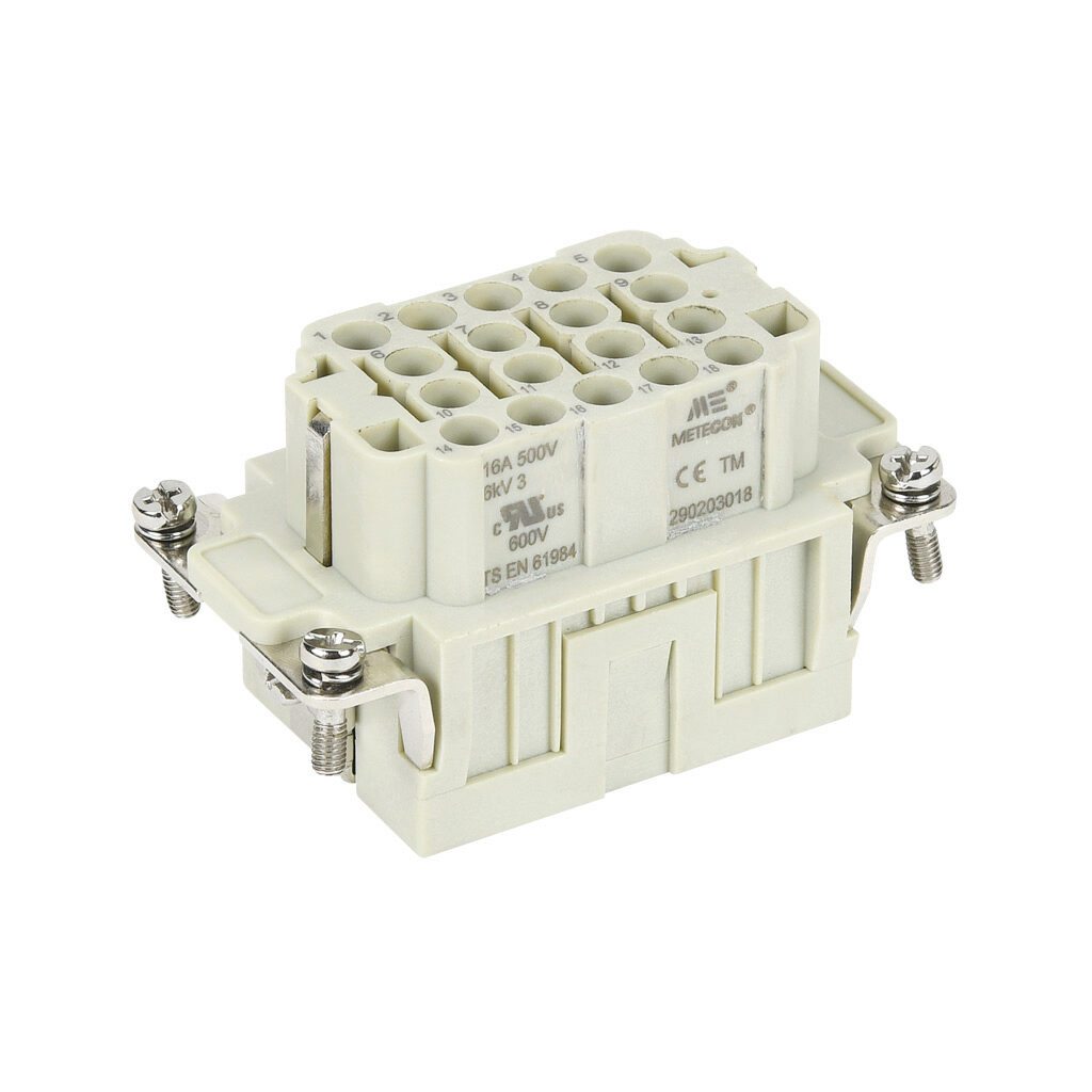 290203018 - METE female insert, connector housing size 10B, 18-pole, crimped contact, 16 amp, 600 VAC/VDC, poles numbered 1 to 18. For use with METE multi-wire housings. Requires 16 amp female contacts METE 14105xxx.