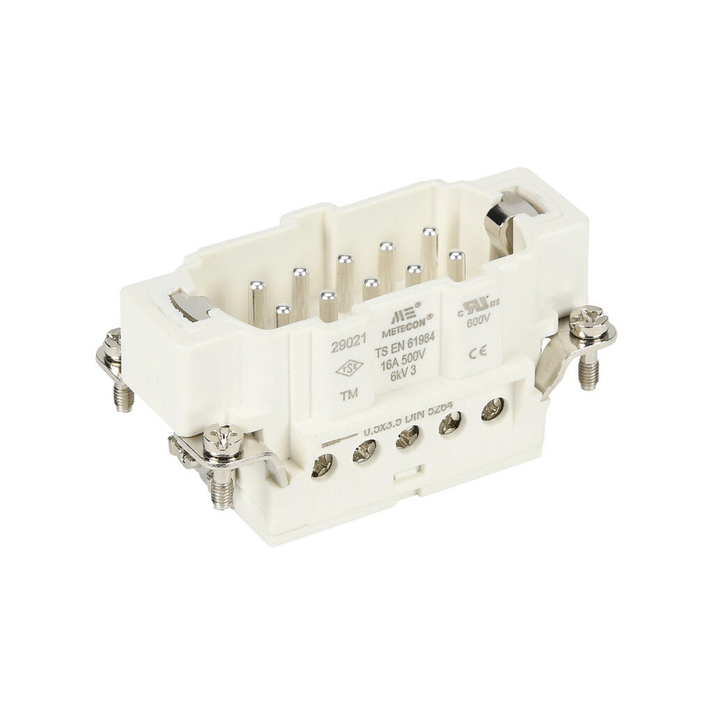 29021 - METE male insert, connector housing size 10B, 10-pole, screw terminals, accepts wire size 18-14 AWG, 16 amp, 600 VAC/VDC, poles numbered 1 to 10. For use with METE multi-wire housings.