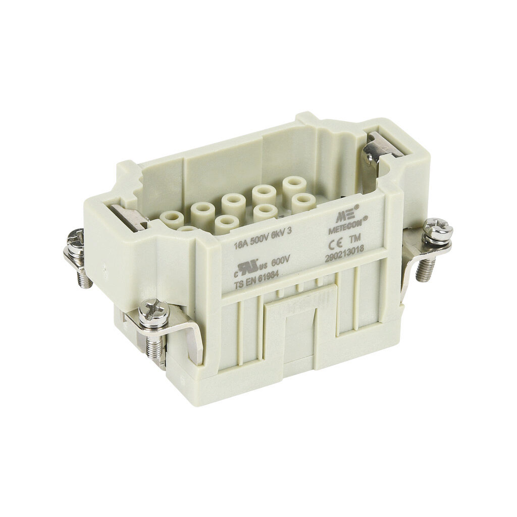 290213018 - METE male insert, connector housing size 10B, 18-pole, crimped contact, 16 amp, 600 VAC/VDC, poles numbered 1 to 18. For use with METE multi-wire housings. Requires 16 amp male contacts METE 14106xxx.