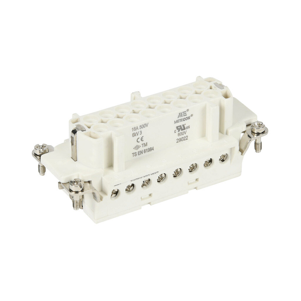 29022 - METE female insert, connector housing size 16B, 16-pole, screw terminals, accepts wire size 18-14 AWG, 16 amp, 600 VAC/VDC, poles numbered 1 to 16. For use with METE multi-wire housings.