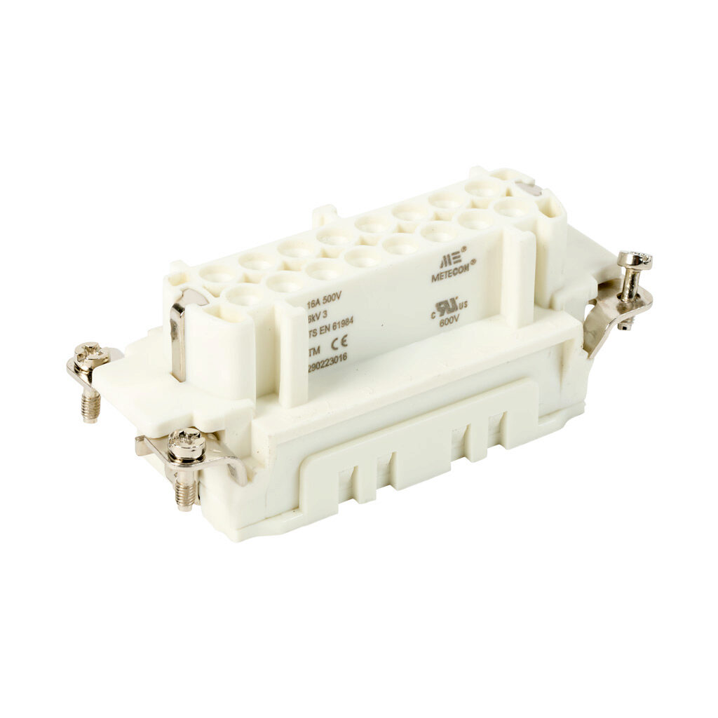 290223016 - METE female insert, connector housing size 16B, 16-pole, crimped contact, 16 amp, 600 VAC/VDC, poles numbered 1 to 16. For use with METE multi-wire housings. Requires 16 amp female contacts METE 14105xxx.