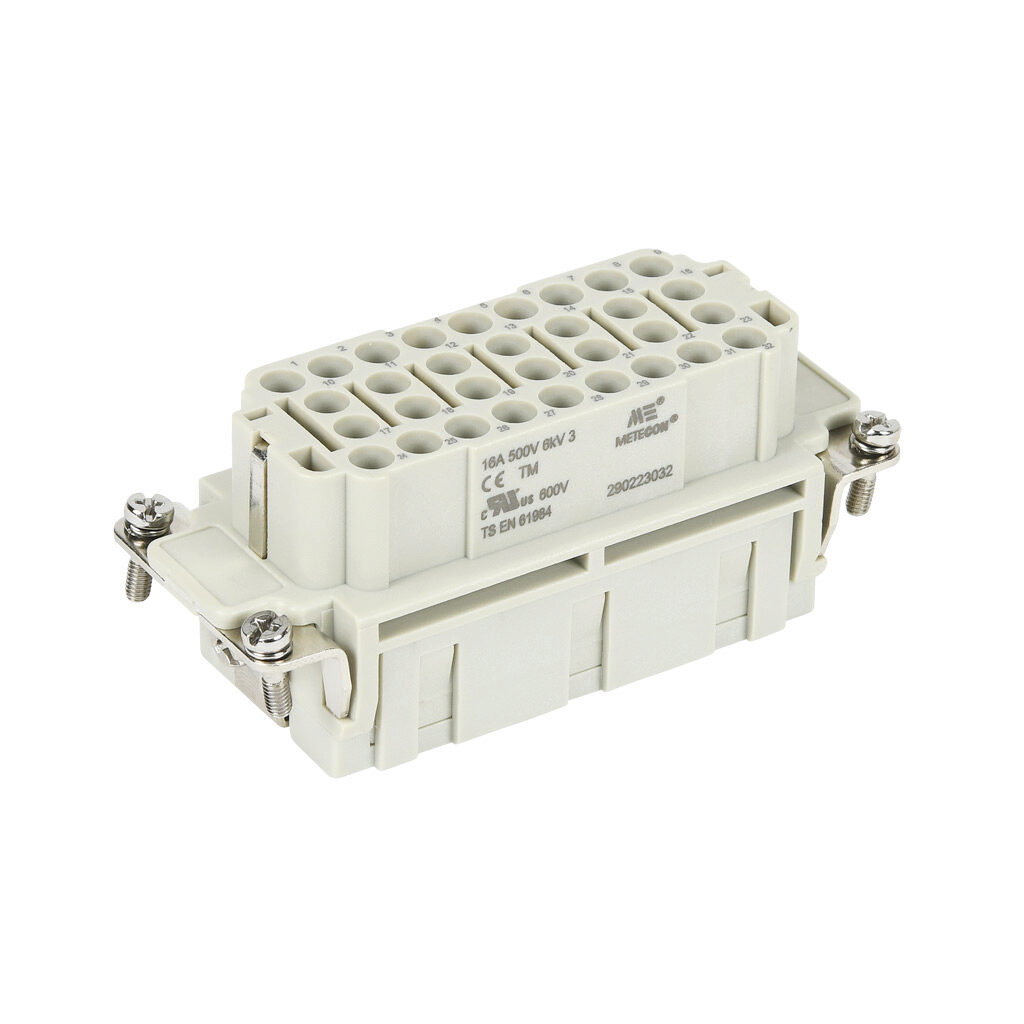 290223032 - METE female insert, connector housing size 16B, 32-pole, crimped contact, 16 amp, 600 VAC/VDC, poles numbered 1 to 32. For use with METE multi-wire housings. Requires 16 amp female contacts METE 14105xxx.