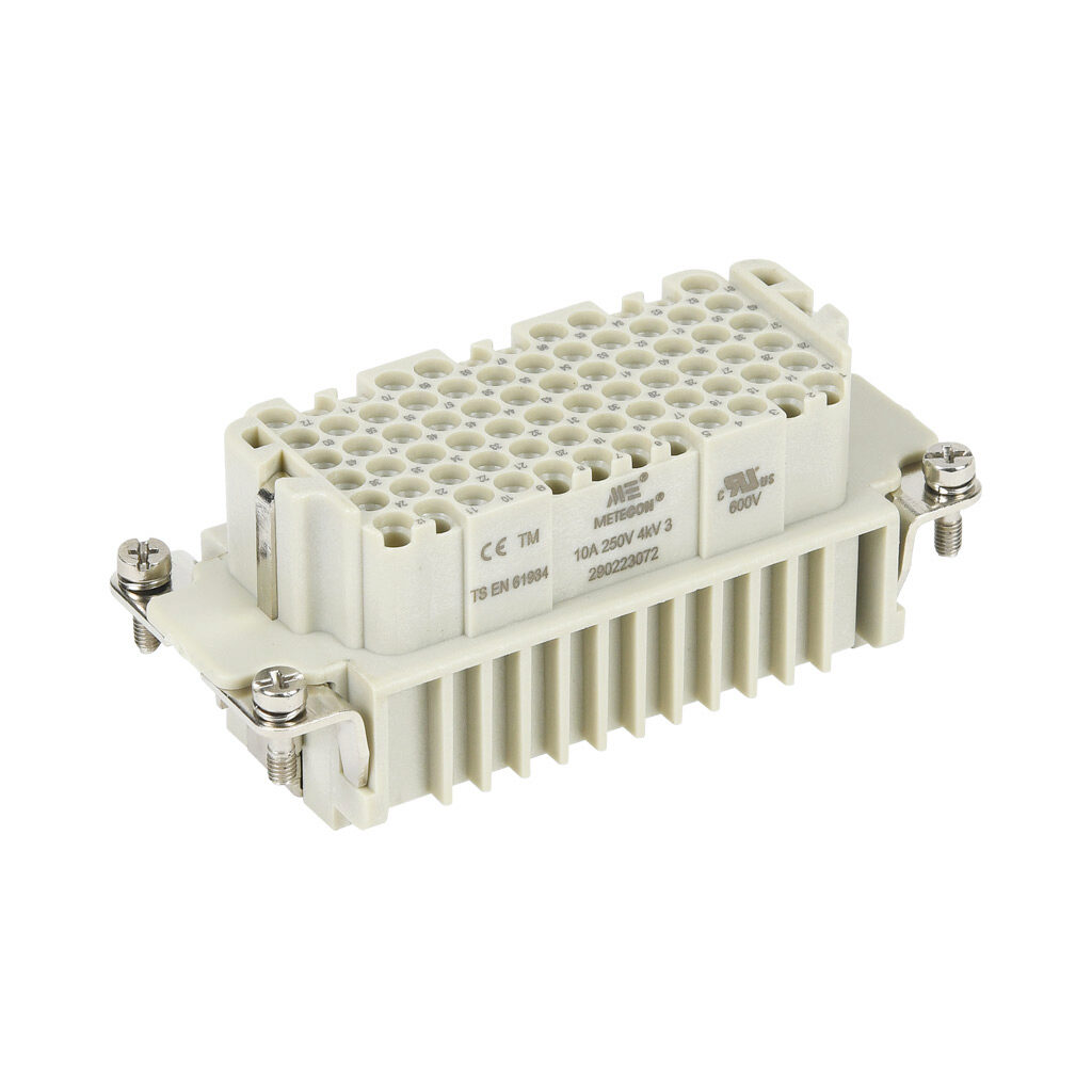 290223072 - METE female insert, connector housing size 16B, 72-pole, crimped contact, 10 amp, 600 VAC/VDC, poles numbered 1 to 72. For use with METE multi-wire housings. Requires 10 amp female contacts METE 14103xxx.