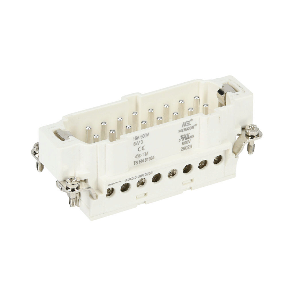 29023 - METE male insert, connector housing size 16B, 16-pole, screw terminals, accepts wire size 18-14 AWG, 16 amp, 600 VAC/VDC, poles numbered 1 to 16. For use with METE multi-wire housings.