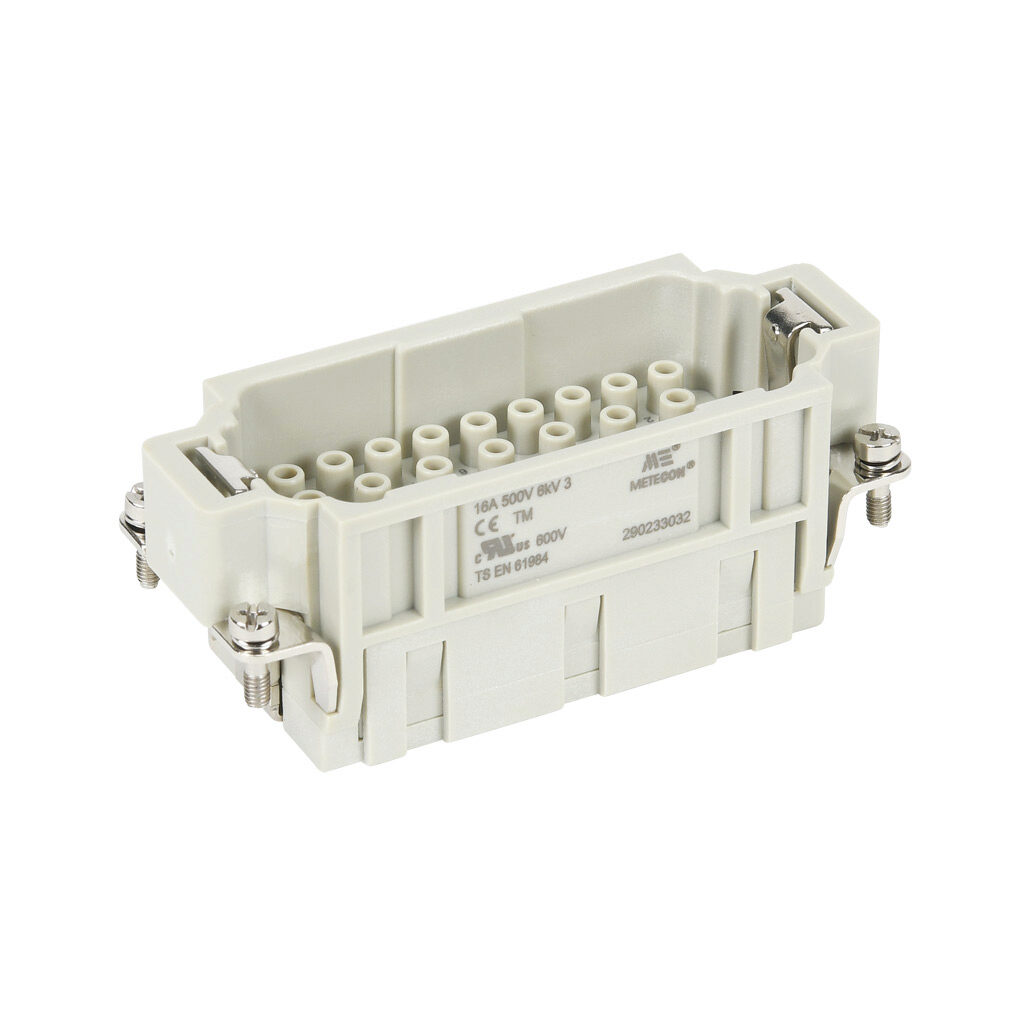 290233032 - METE male insert, connector housing size 16B, 32-pole, crimped contact, 16 amp, 600 VAC/VDC, poles numbered 1 to 32. For use with METE multi-wire housings. Requires 16 amp male contacts METE 14106xxx.