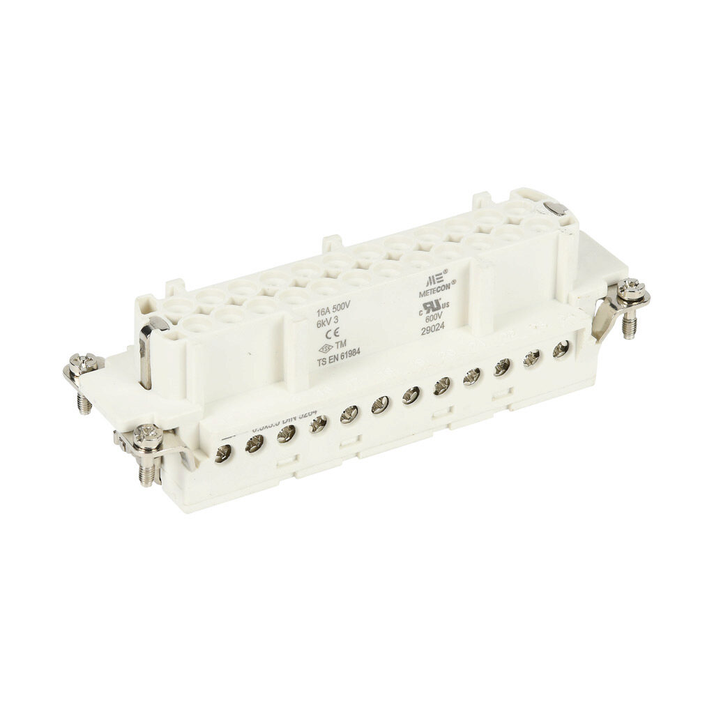 29024 - METE female insert, connector housing size 24B, 24-pole, screw terminals, accepts wire size 18-14 AWG, 16 amp, 600 VAC/VDC, poles numbered 1 to 24. For use with METE multi-wire housings.