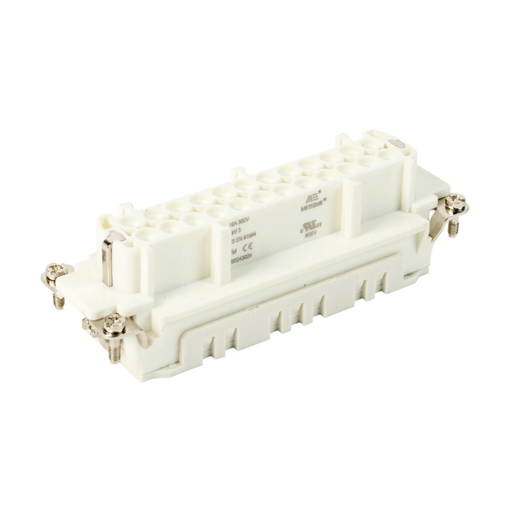 290243024 - METE female insert, connector housing size 24B, 24-pole, crimped contact, 16 amp, 600 VAC/VDC, poles numbered 1 to 24. For use with METE multi-wire housings. Requires 16 amp female contacts METE 14105xxx.