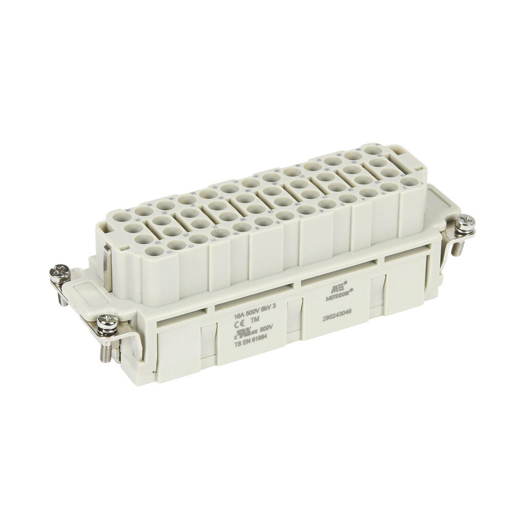 290243046 - METE female insert, connector housing size 24B, 46-pole, crimped contact, 16 amp, 600 VAC/VDC, poles numbered 1 to 46. For use with METE multi-wire housings. Requires 16 amp female contacts METE 14105xxx.