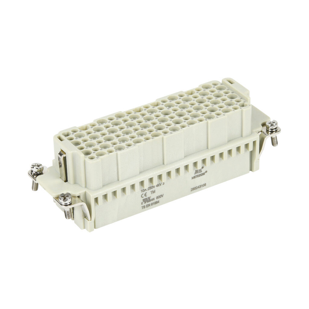 290243108 - METE female insert, connector housing size 24B, 108-pole, crimped contact, 10 amp, 600 VAC/VDC, poles numbered 1 to 108. For use with METE multi-wire housings. Requires 10 amp female contacts METE 14103xxx.
