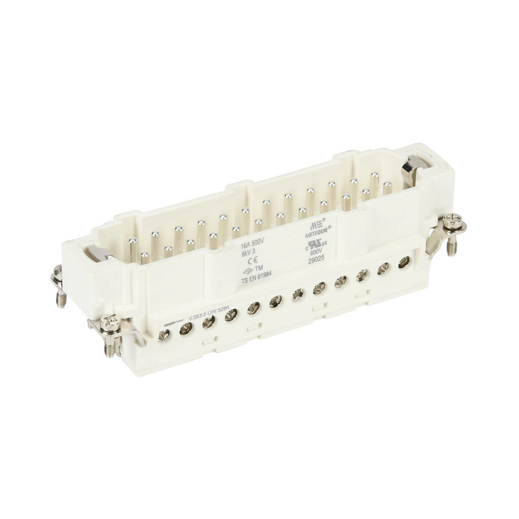 29025 - METE male insert, connector housing size 24B, 24-pole, screw terminals, accepts wire size 18-14 AWG, 16 amp, 600 VAC/VDC, poles numbered 1 to 24. For use with METE multi-wire housings.