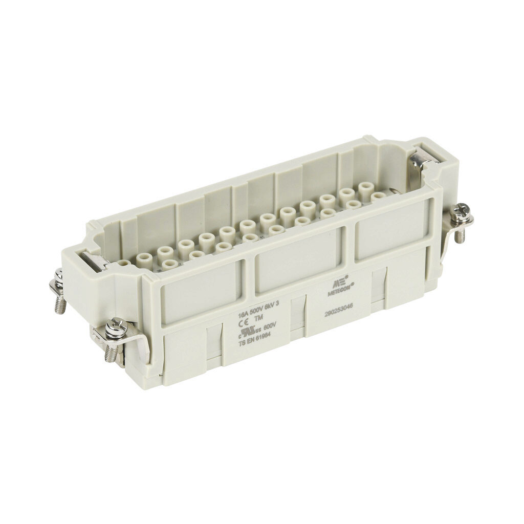 290253046 - METE male insert, connector housing size 24B, 46-pole, crimped contact, 16 amp, 600 VAC/VDC, poles numbered 1 to 46. For use with METE multi-wire housings. Requires 16 amp male contacts METE 14106xxx.