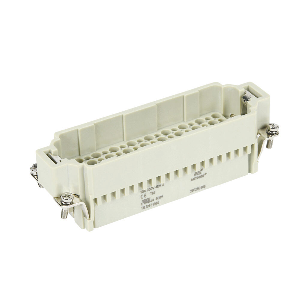 290253108 - METE male insert, connector housing size 24B, 108-pole, crimped contact, 10 amp, 600 VAC/VDC, poles numbered 1 to 108. For use with METE multi-wire housings. Requires 10 amp male contacts METE 14104xxx.